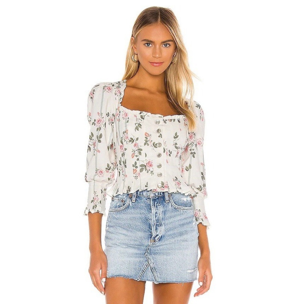For Love & Lemons‎ Womens Top Cottagecore Feminine Floral Linen Size Medium